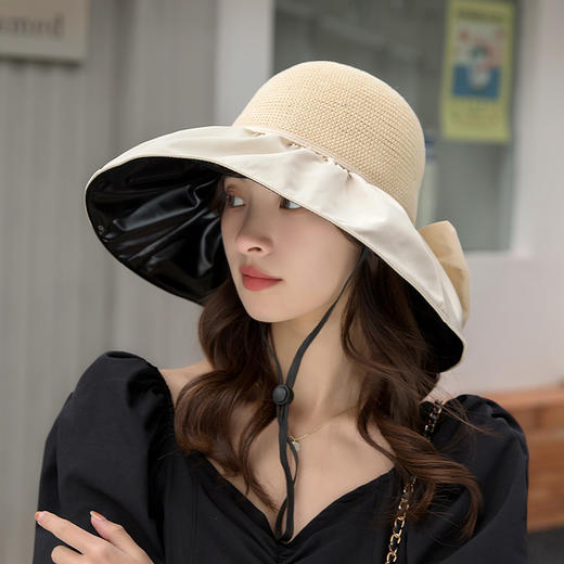 【39.9到手两件！大檐黑胶渔夫帽蝴蝶结收纳】阻隔紫外线，透气吸汗清凉不闷热，立体剪裁可拆卸防风绳，达到全面防晒的效果，帽子女夏季太阳帽遮脸款防晒帽遮阳帽夏日粉丝专属家庭整理 商品图2