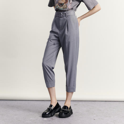 谜底休闲裤女2023秋新款复古高腰宽松萝卜九分裤配腰带233MK1138 商品图1