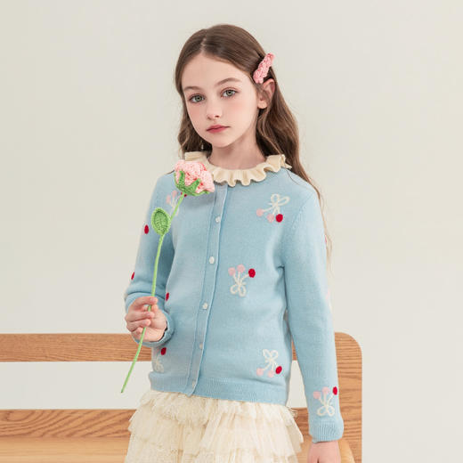 mettekids女童羊绒开衫2023秋季新款童装毛衣儿童蓝色樱桃针织衫 商品图1