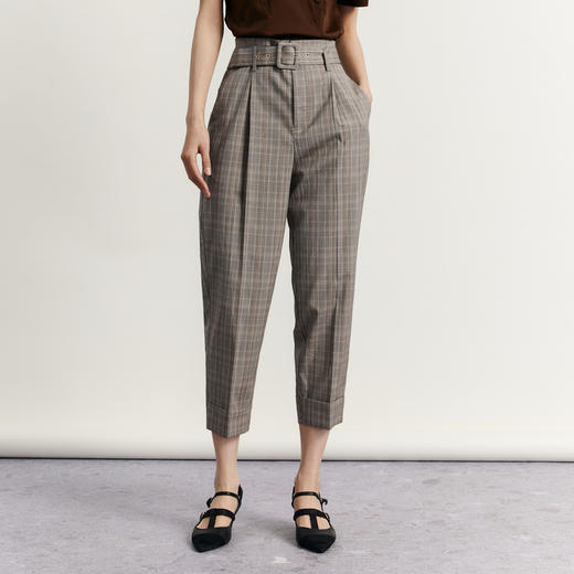 谜底格纹休闲裤女2023秋新款复古高腰宽松九分裤配腰带233MK0993 商品图0