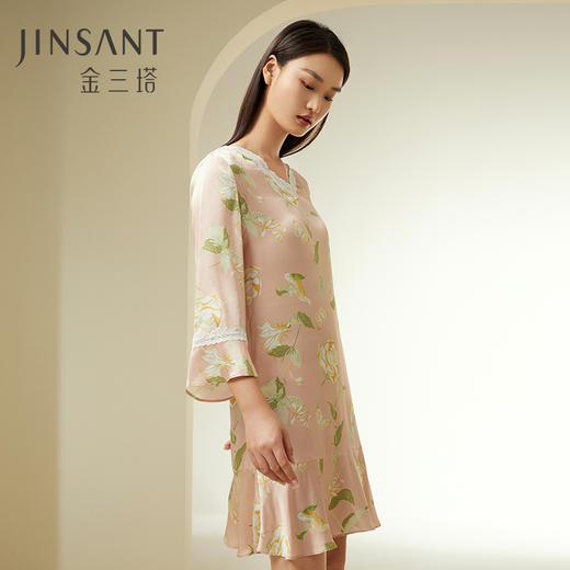 山茶漫漫】100%桑蚕丝V领女真丝印花蕾丝拼接睡裙家居服金三塔新品    YSFDC306 商品图0