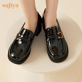 Safiya/索菲娅2023秋季新品英伦漆皮粗跟百搭一脚蹬深口皮鞋厚底乐福鞋SF33112007