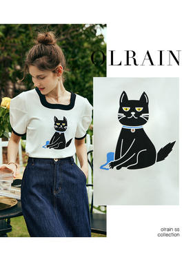 OLrain欧芮儿法式白色短袖T恤女夏季2023年新款宽松小猫印花上衣