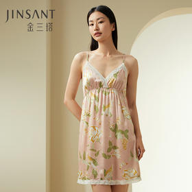 山茶漫漫】100%桑蚕丝V领女真丝印花吊带裙家居服金三塔新品   YSFDC303