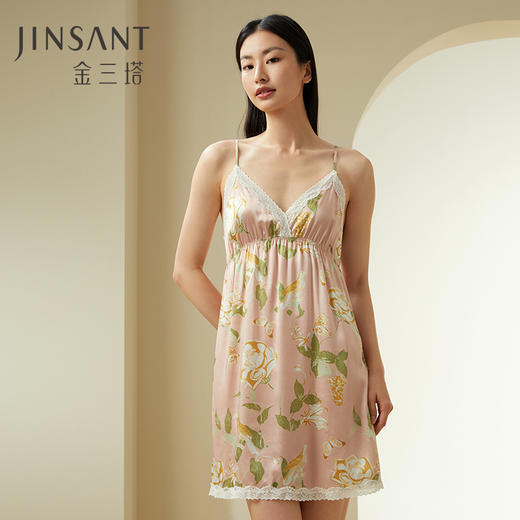 山茶漫漫】100%桑蚕丝V领女真丝印花吊带裙家居服金三塔新品   YSFDC303 商品图0