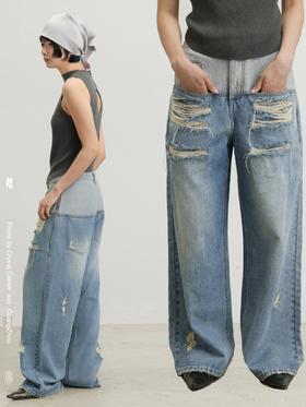 CryingCenter 拼接一字插袋宽松拉垮街头破洞牛仔裤 哭喊中心