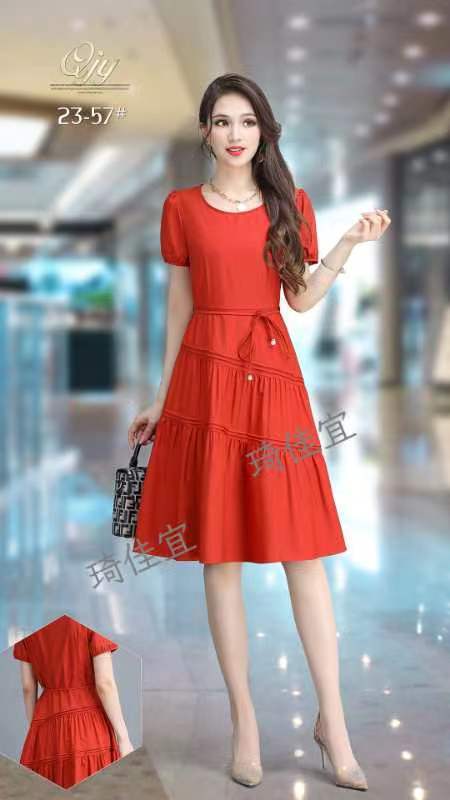 B6454       韩版气质圆领褶皱荷叶边短袖连衣裙（特价不退换） 商品图0