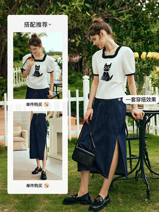 OLrain欧芮儿法式白色短袖T恤女夏季2023年新款宽松小猫印花上衣 商品图3