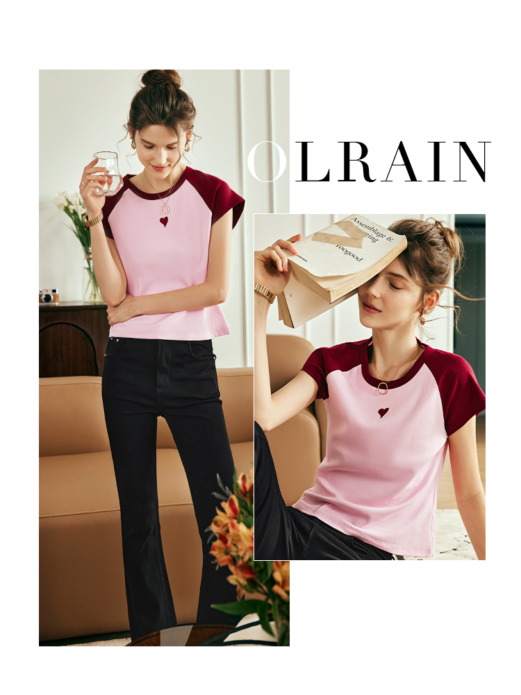 OLrain欧芮儿法式粉色短袖女夏季2023年新款撞色爱心刺绣圆领上衣