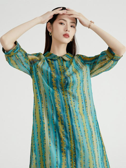 89094原形印花衬衫连衣裙女2024春夏季新款韩版七分袖休闲宽松显瘦长裙 商品图3