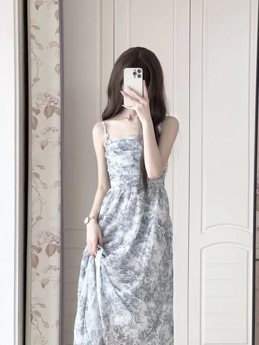 【GZ】无忧购韩“水墨国风”新中式水墨画印花气质吊带收腰显瘦国风长裙2353（截单后7天发货)25年清仓捡漏 商品图2