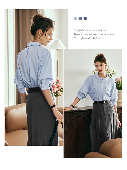 OLrain欧芮儿法式天蓝色衬衫女夏季2023新款气质冰爽薄款别致衬衣 商品图1