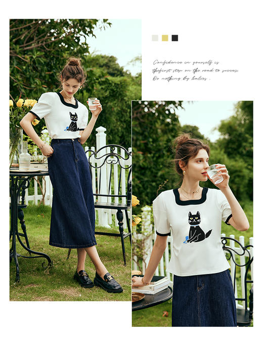 OLrain欧芮儿法式白色短袖T恤女夏季2023年新款宽松小猫印花上衣 商品图2