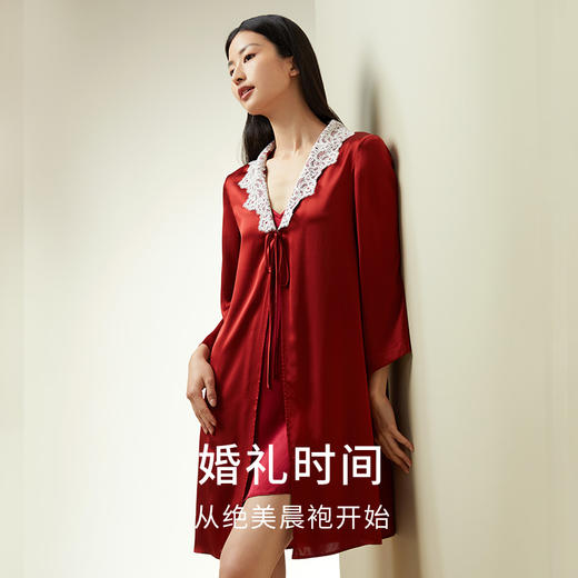 金三塔100%桑蚕丝红色刺绣花边睡袍女舒适家居服婚礼新娘晨袍新品    YSFDC102 商品图2