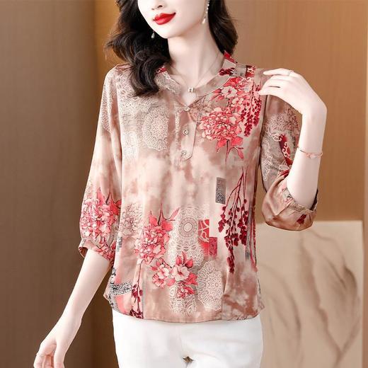 夏新款妈妈中袖上衣，女装仿真丝雪纺小衫中国风印花衬衫上衣女KQL-A10F5502 商品图2