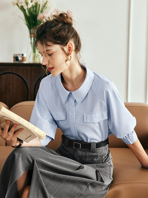 OLrain欧芮儿法式天蓝色衬衫女夏季2023新款气质冰爽薄款别致衬衣 商品图2