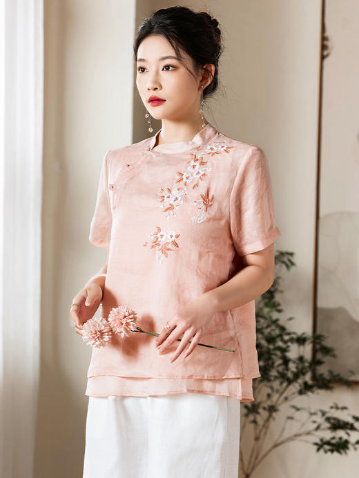 夏新款国风苎麻上衣，新中式复古刺绣改良式立领短袖T恤YM-C034 商品图2