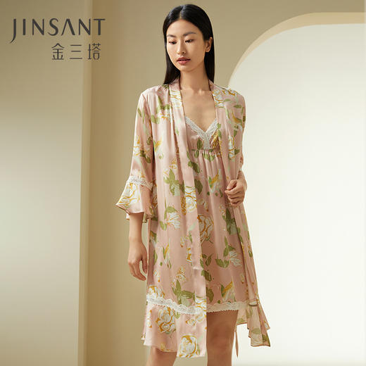 山茶漫漫】100%桑蚕丝女真丝印花睡袍舒适家居服晨袍金三塔新品   YSFDC103 商品图0