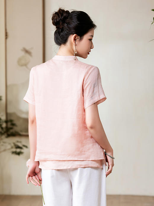 夏新款国风苎麻上衣，新中式复古刺绣改良式立领短袖T恤YM-C034 商品图3