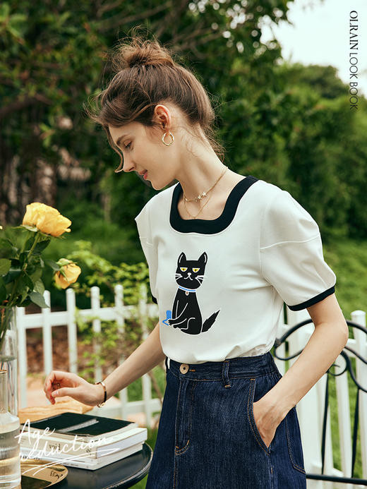 OLrain欧芮儿法式白色短袖T恤女夏季2023年新款宽松小猫印花上衣 商品图1