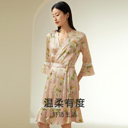 山茶漫漫】100%桑蚕丝女真丝印花睡袍舒适家居服晨袍金三塔新品   YSFDC103 商品图2