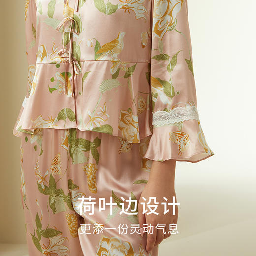 山茶漫漫】100%桑蚕丝女真丝睡衣印花衣裤套荷叶边睡衣套家居服金三塔新品  YSFDC203 商品图3