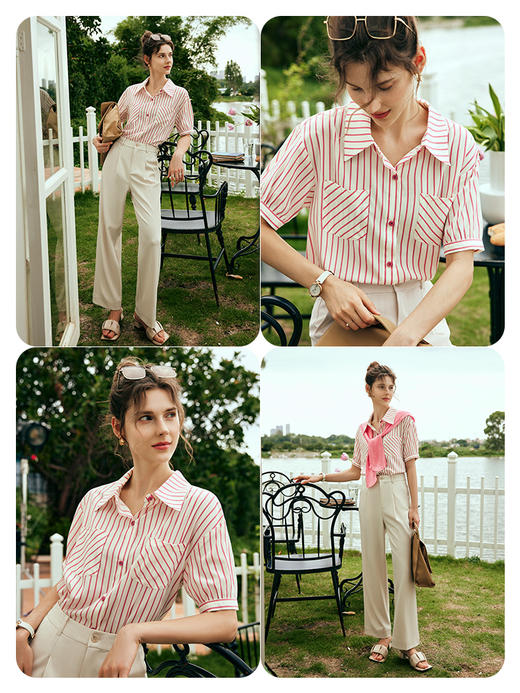 OLrain欧芮儿法式条纹衬衫女夏季2023年新款宽松时尚别致衬衣 商品图3