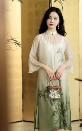 逸红颜明月优选#『江烟染』渐变色雪纺丁香皱新中式国风立领连衣裙两件套，自带仙气唯美的氛围感！