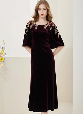 NA833斯尔丽优雅斗篷式奢华钉珠礼服裙