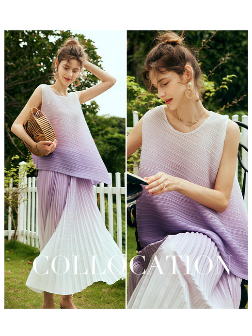 OLrain欧芮儿法式渐变百褶时尚套装女夏季2023新款宽松裙子两件套 商品图2