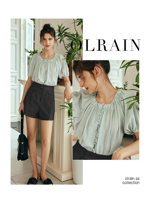 OLrain欧芮儿法式水绿色蕾丝雪纺衫女夏季2023新款奶系温柔风小衫 商品图0
