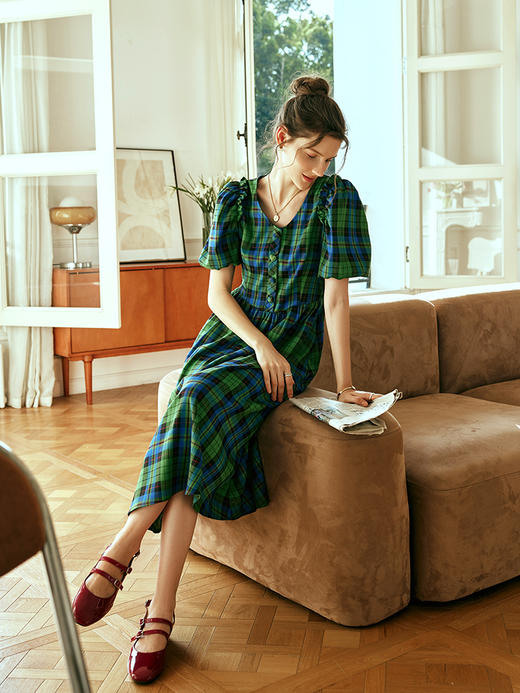 OLrain欧芮儿法式格子连衣裙女夏季2023年新款收腰复古泡泡袖裙子 商品图3