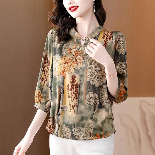 夏新款妈妈中袖上衣，女装仿真丝雪纺小衫中国风印花衬衫上衣女KQL-A10F5502 商品图1