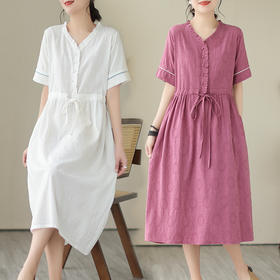 GYH 521提花民族风棉麻收腰宽松显瘦中长连衣裙