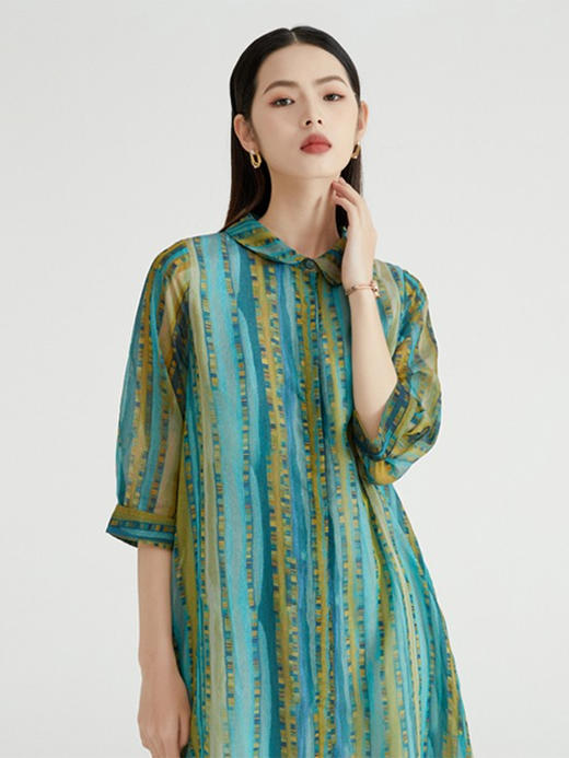 89094原形印花衬衫连衣裙女2024春夏季新款韩版七分袖休闲宽松显瘦长裙 商品图4