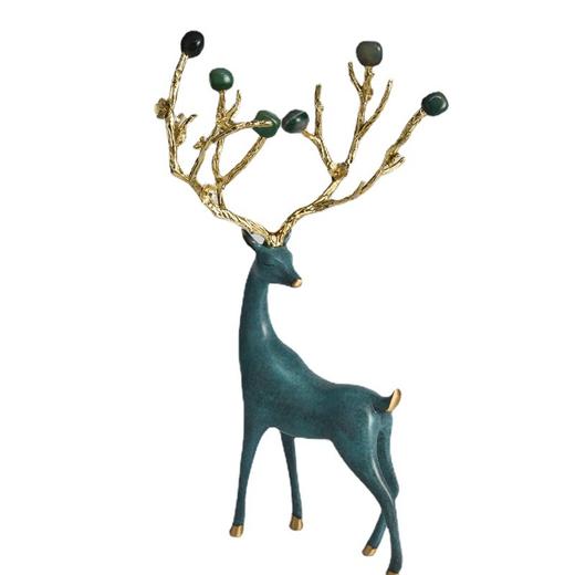 招财铜鹿摆件创意高档家居桌面书房客厅电视柜酒柜装饰品乔迁新居 纯铜卧鹿+绿玛瑙 商品图3