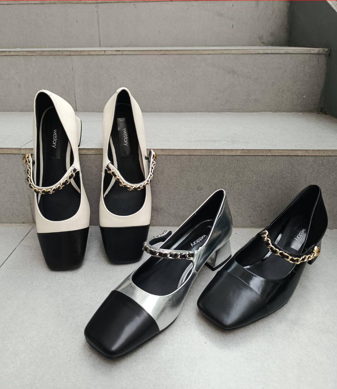 westory2023秋季新款粗跟中跟方头时尚百搭搭扣单鞋S23CE72031