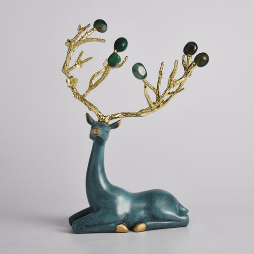 招财铜鹿摆件创意高档家居桌面书房客厅电视柜酒柜装饰品乔迁新居 纯铜卧鹿+绿玛瑙 商品图1