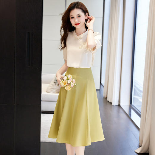 夏新款新中式，盘扣立领小清新衬衣搭配纯色显瘦A字半身裙套装HR-WHA619-69 商品图8