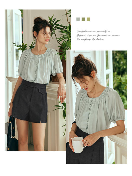 OLrain欧芮儿法式水绿色蕾丝雪纺衫女夏季2023新款奶系温柔风小衫 商品图1