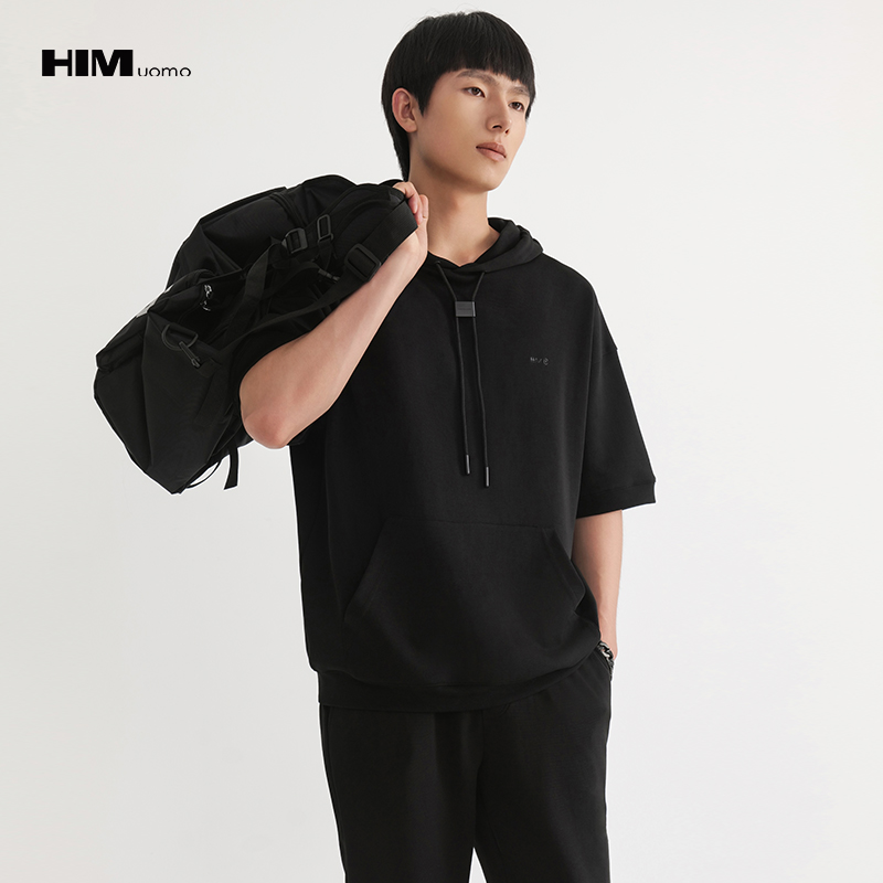 HIM漢崇  休闲百搭简约连帽卫衣男舒适微弹运动短袖帽衫 2026春夏