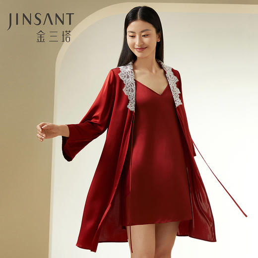 金三塔100%桑蚕丝红色刺绣花边睡袍女舒适家居服婚礼新娘晨袍新品    YSFDC102 商品图0