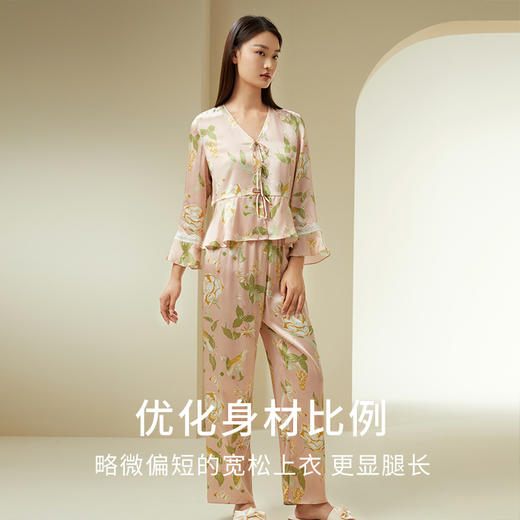 山茶漫漫】100%桑蚕丝女真丝睡衣印花衣裤套荷叶边睡衣套家居服金三塔新品  YSFDC203 商品图2