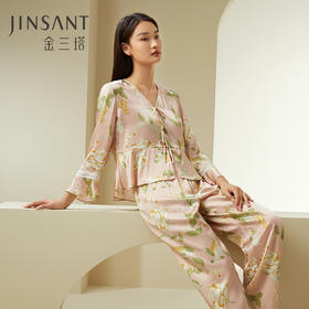 山茶漫漫】100%桑蚕丝女真丝睡衣印花衣裤套荷叶边睡衣套家居服金三塔新品  YSFDC203