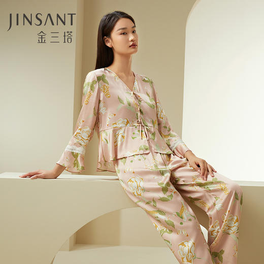 山茶漫漫】100%桑蚕丝女真丝睡衣印花衣裤套荷叶边睡衣套家居服金三塔新品  YSFDC203 商品图0