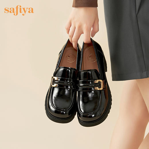 Safiya/索菲娅2023秋季新品英伦漆皮粗跟百搭一脚蹬深口皮鞋厚底乐福鞋SF33112007 商品图4