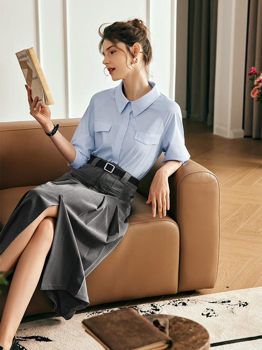 OLrain欧芮儿法式天蓝色衬衫女夏季2023新款气质冰爽薄款别致衬衣 商品图3