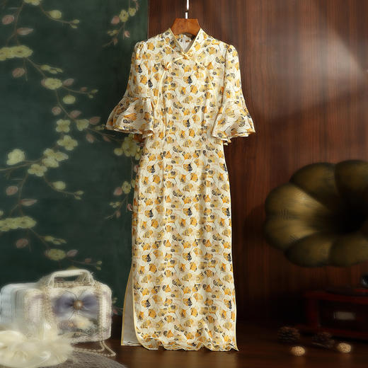 JC 3683真丝印花改良加大码修身优雅旗袍连衣裙 商品图0