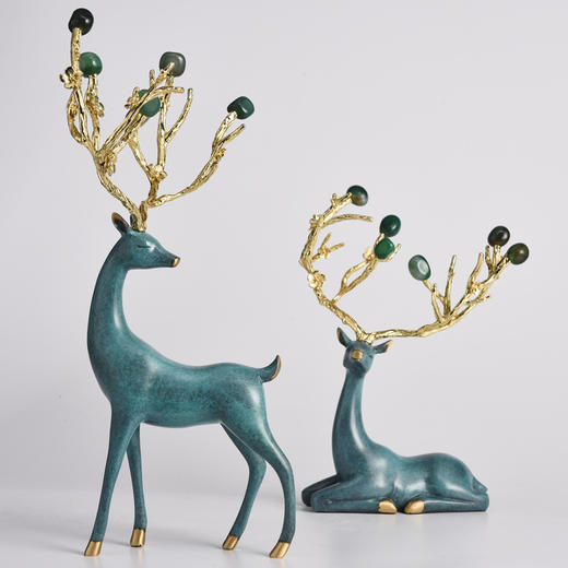 招财铜鹿摆件创意高档家居桌面书房客厅电视柜酒柜装饰品乔迁新居 纯铜卧鹿+绿玛瑙 商品图0