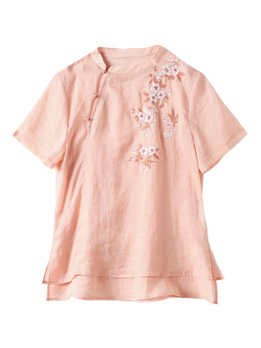 夏新款国风苎麻上衣，新中式复古刺绣改良式立领短袖T恤YM-C034 商品图4